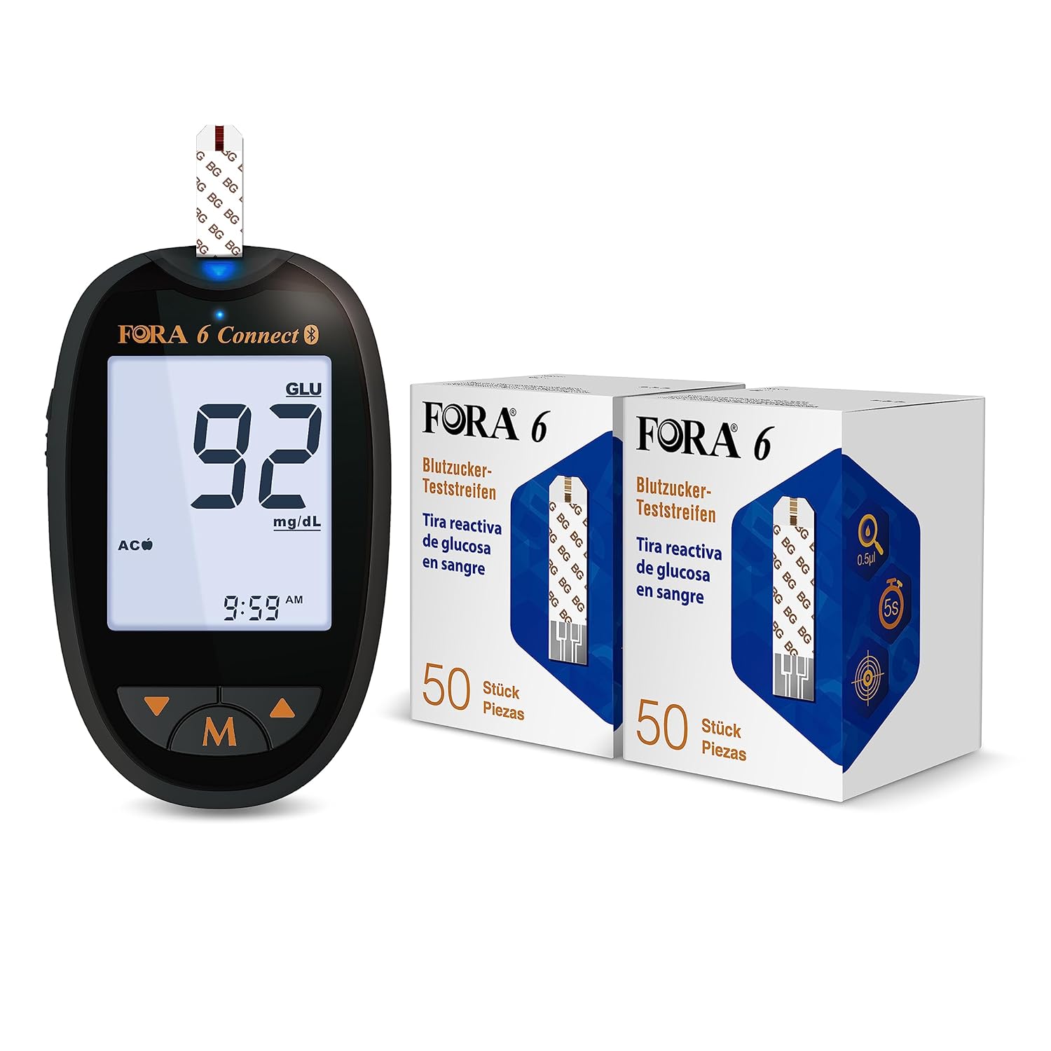 FORA 6 Connect (mmol/l) mit 100 Blutzucker Teststreifen
