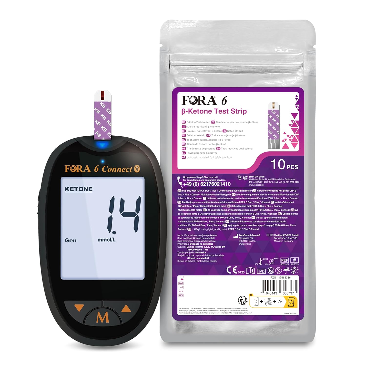 FORA 6 Connect (mmol/l) mit 10 Ketone Teststreifen