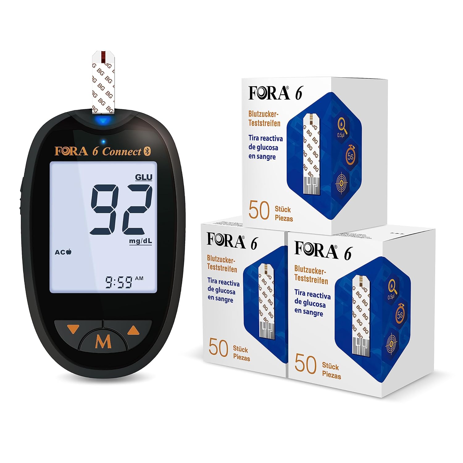 FORA 6 Connect (mmol/l) mit 150 Blutzucker Teststreifen