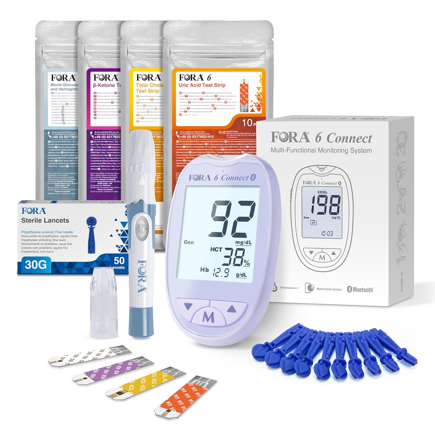 Lila-Set: FORA 6 Connect (mmol/l) mit Keton-, Harnsäure, Gesamtcholesterin-, Blutzucker-, Hämatokrit- und Hämoglobinteststreifen