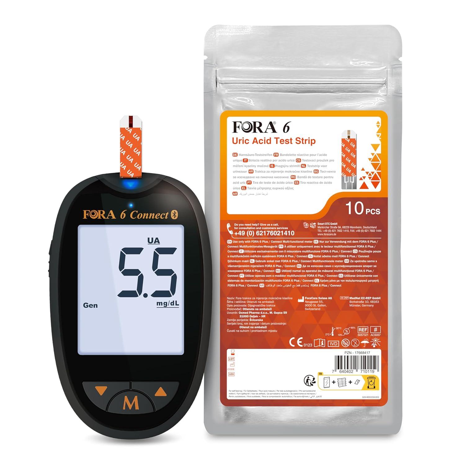 FORA 6 Connect (mmol/l) mit 10 Harnsäure Teststreifen