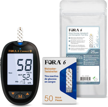 FORA 6 Connect (mmol/l) mit 50 Blutzucker- und 25 Blutzucker, Hämoglobin- und Hämatokrit Teststreifen