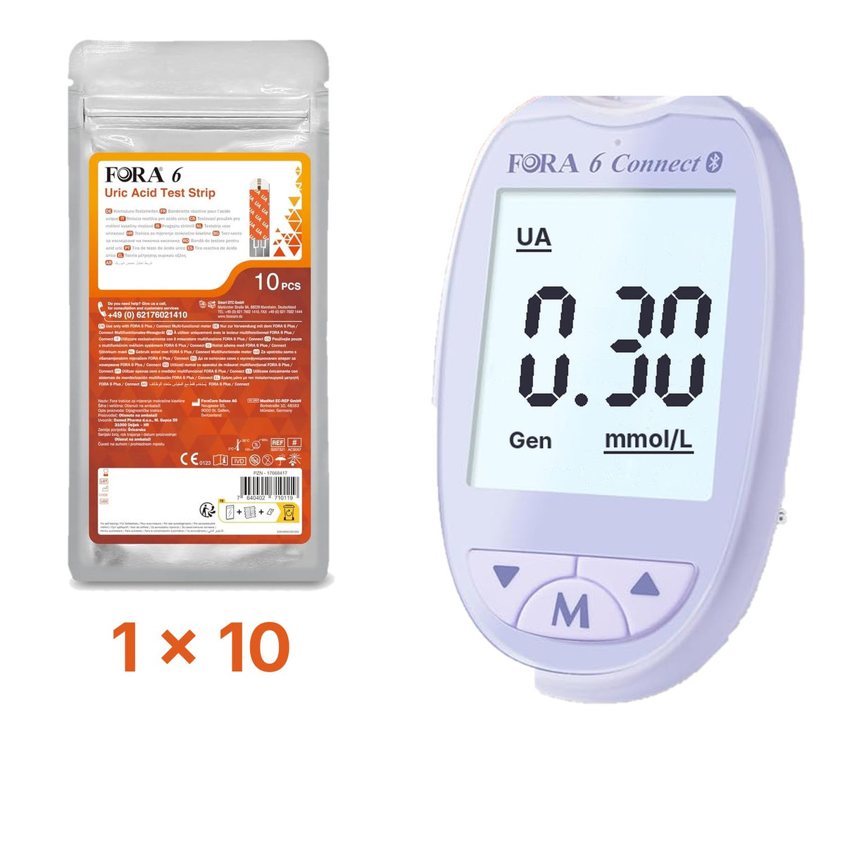 Lila-Set: FORA 6 Connect (mmol/l) mit 10 Harnsäure-Teststreifen