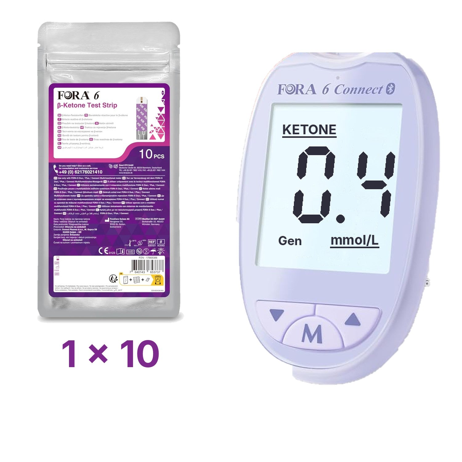 Lila-Set: FORA 6 Connect (mmol/l) mit 10 Keton-Teststreifen