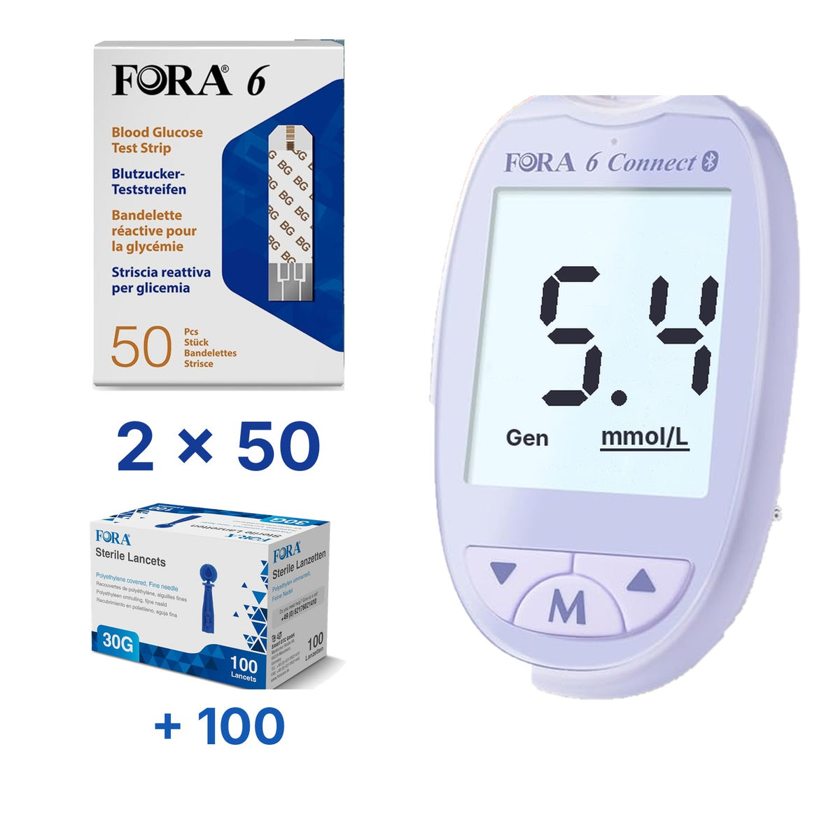 Lila-Set: FORA 6 Connect (mmol/l) mit 100 Blutzucker-Teststreifen und 110 Lanzetten