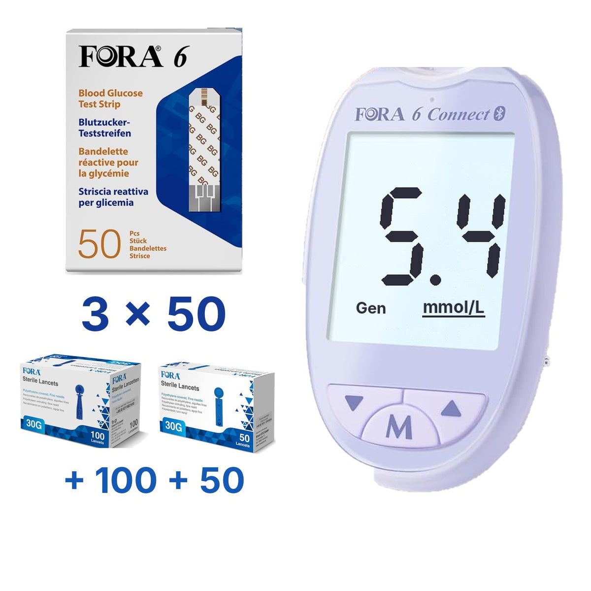 Lila-Set: FORA 6 Connect (mmol/l) mit 150 Blutzucker-Teststreifen und 160 Lanzetten