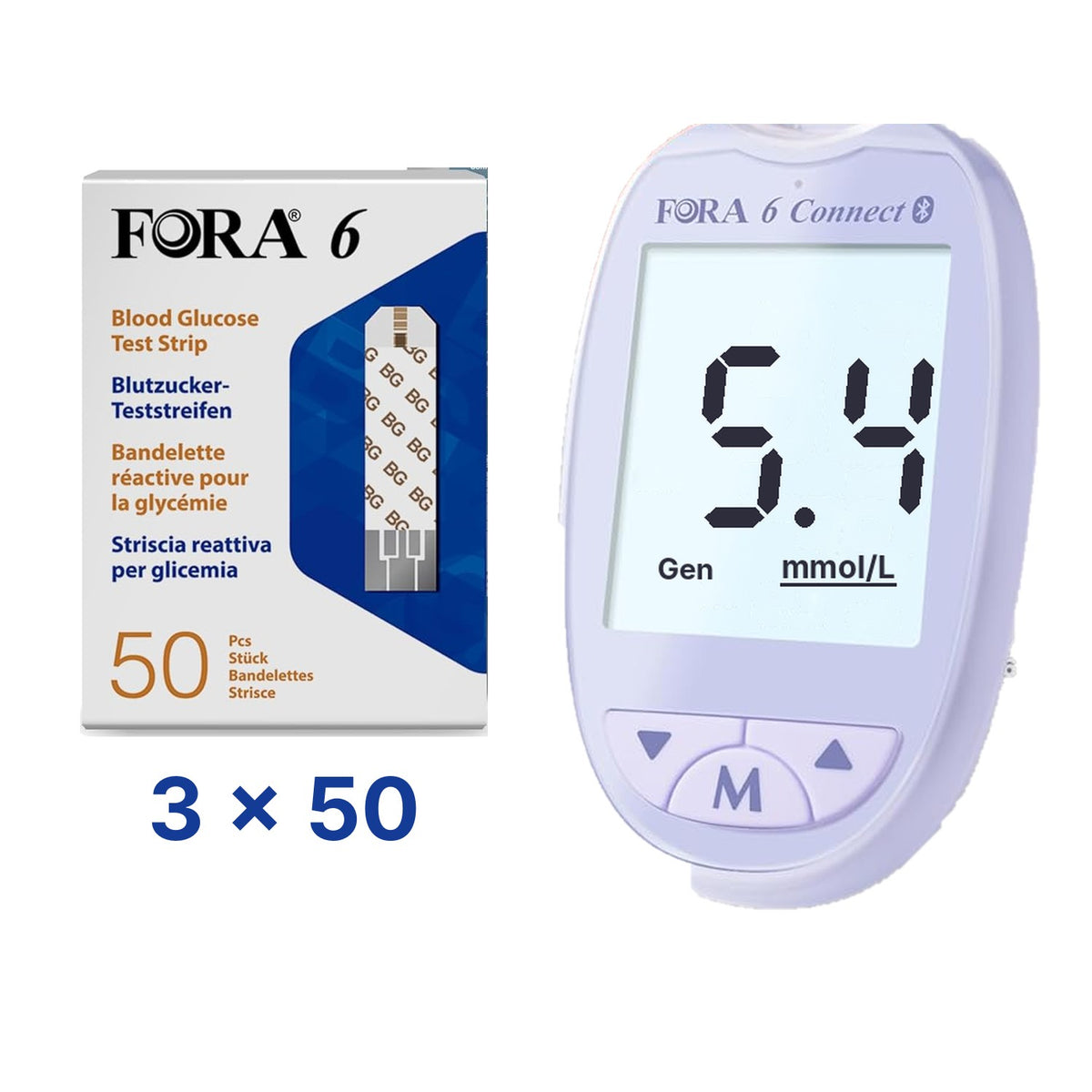 Lila-Set: FORA 6 Connect (mmol/l) mit 150 Blutzucker-Teststreifen