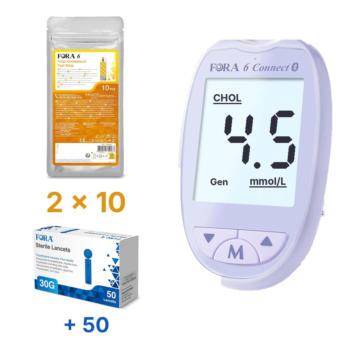 Lila-Set: FORA 6 Connect (mmol/l) mit 20 Gesamtcholesterin-Teststreifen und 60 Lanzetten