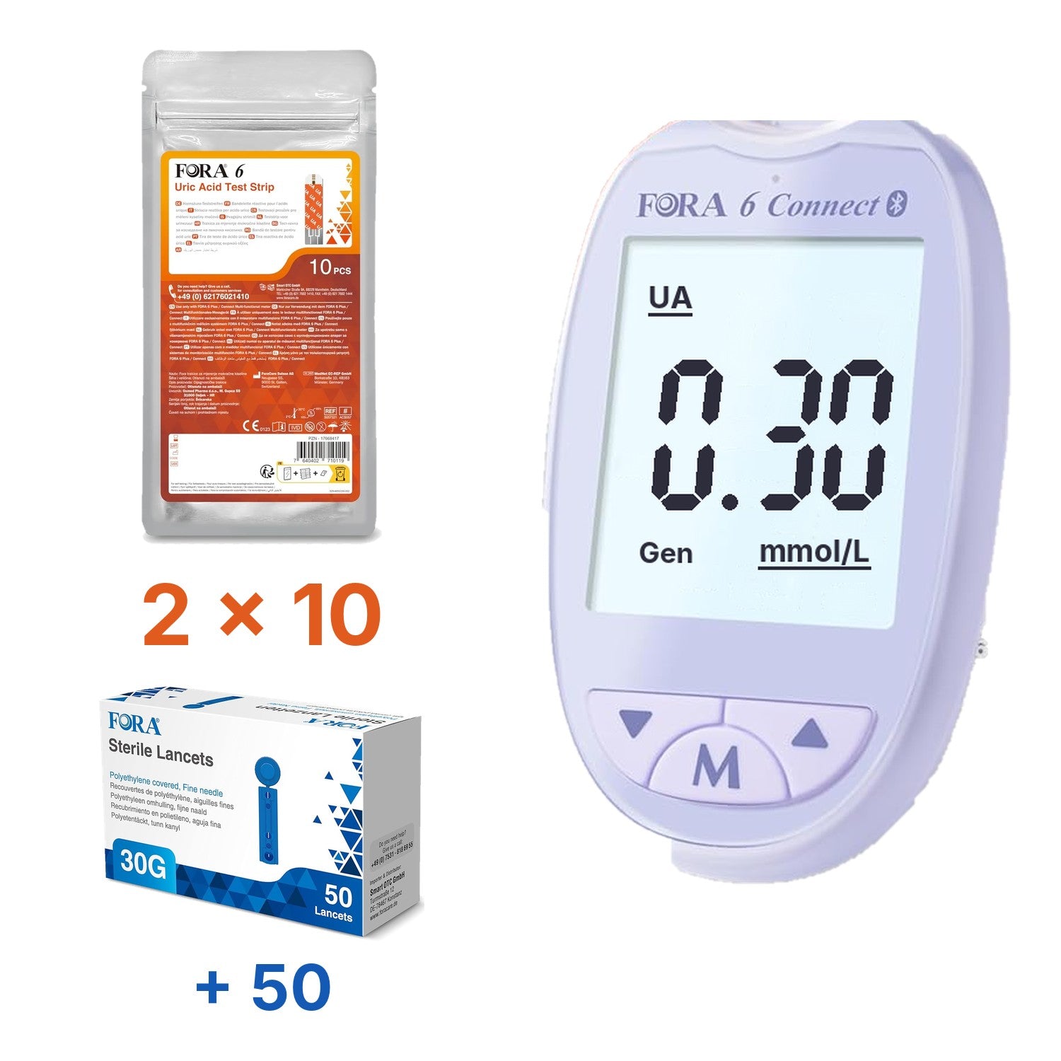 Lila-Set: FORA 6 Connect (mmol/l) mit 20 Harnsäure-Teststreifen und 60 Lanzetten