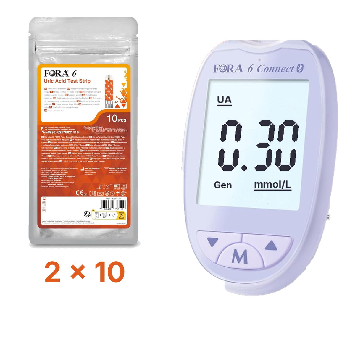 Lila-Set: FORA 6 Connect (mmol/l) mit 20 Harnsäure-Teststreifen