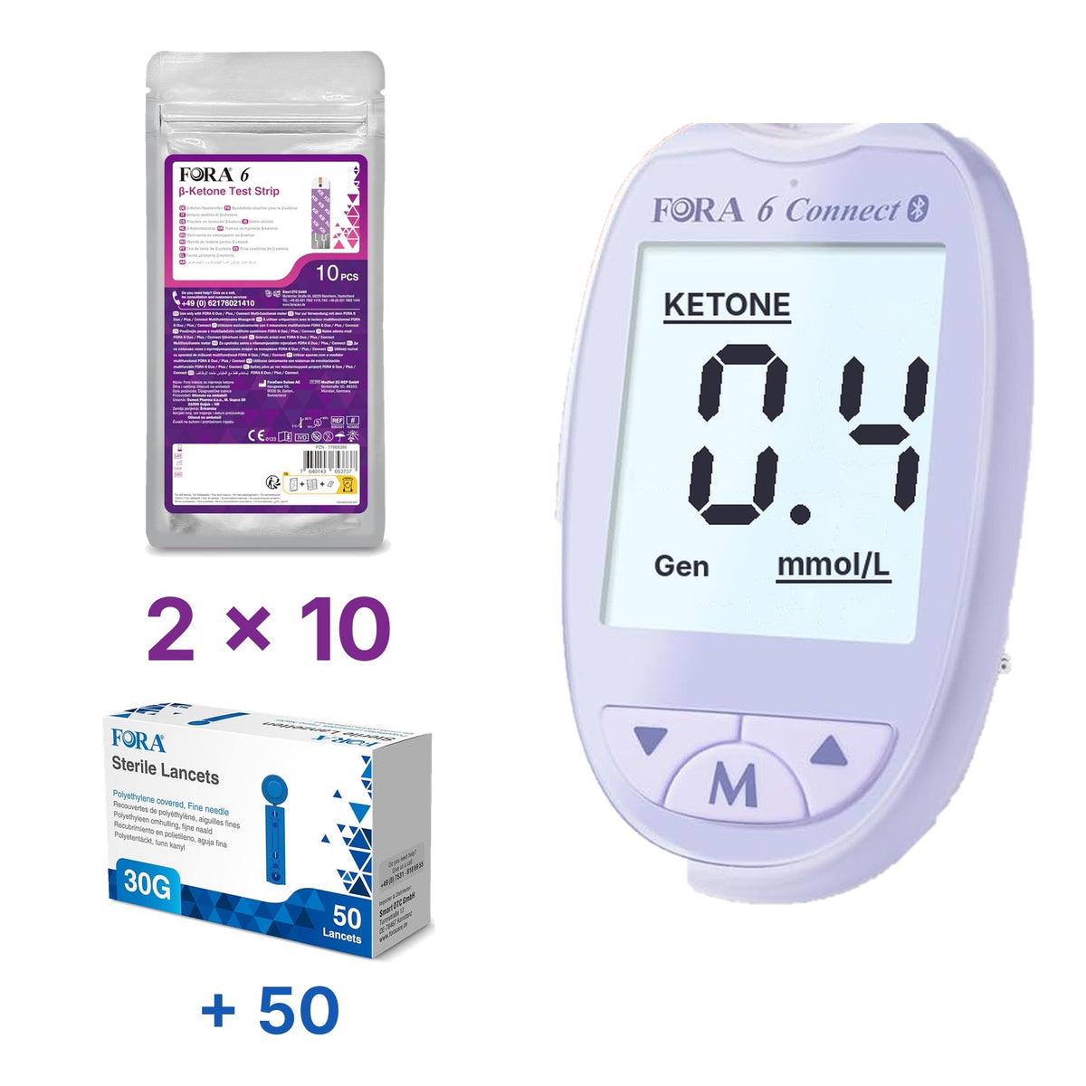 Lila-Set: FORA 6 Connect (mmol/l) mit 20 Keton-Teststreifen und 60 Lanzetten