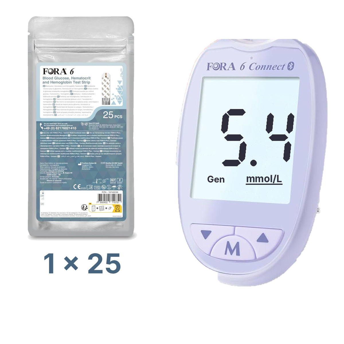 Lila-Set: FORA 6 Connect (mmol/l) mit 25 3-in-1-Teststreifen (Blutzucker, Hämatokrit, Hämoglobin)