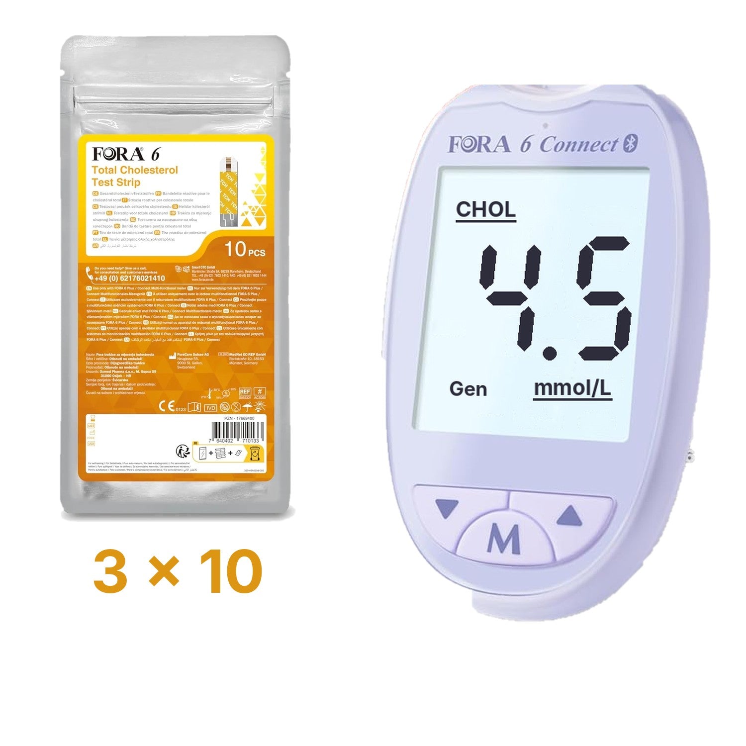 Lila-Set: FORA 6 Connect (mmol/l) mit 30 Gesamtcholesterin-Teststreifen