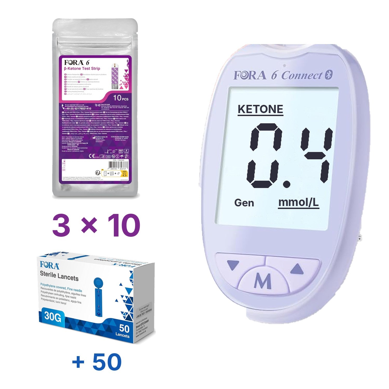 Lila-Set: FORA 6 Connect (mmol/l) mit 30 Keton-Teststreifen und 60 Lanzetten