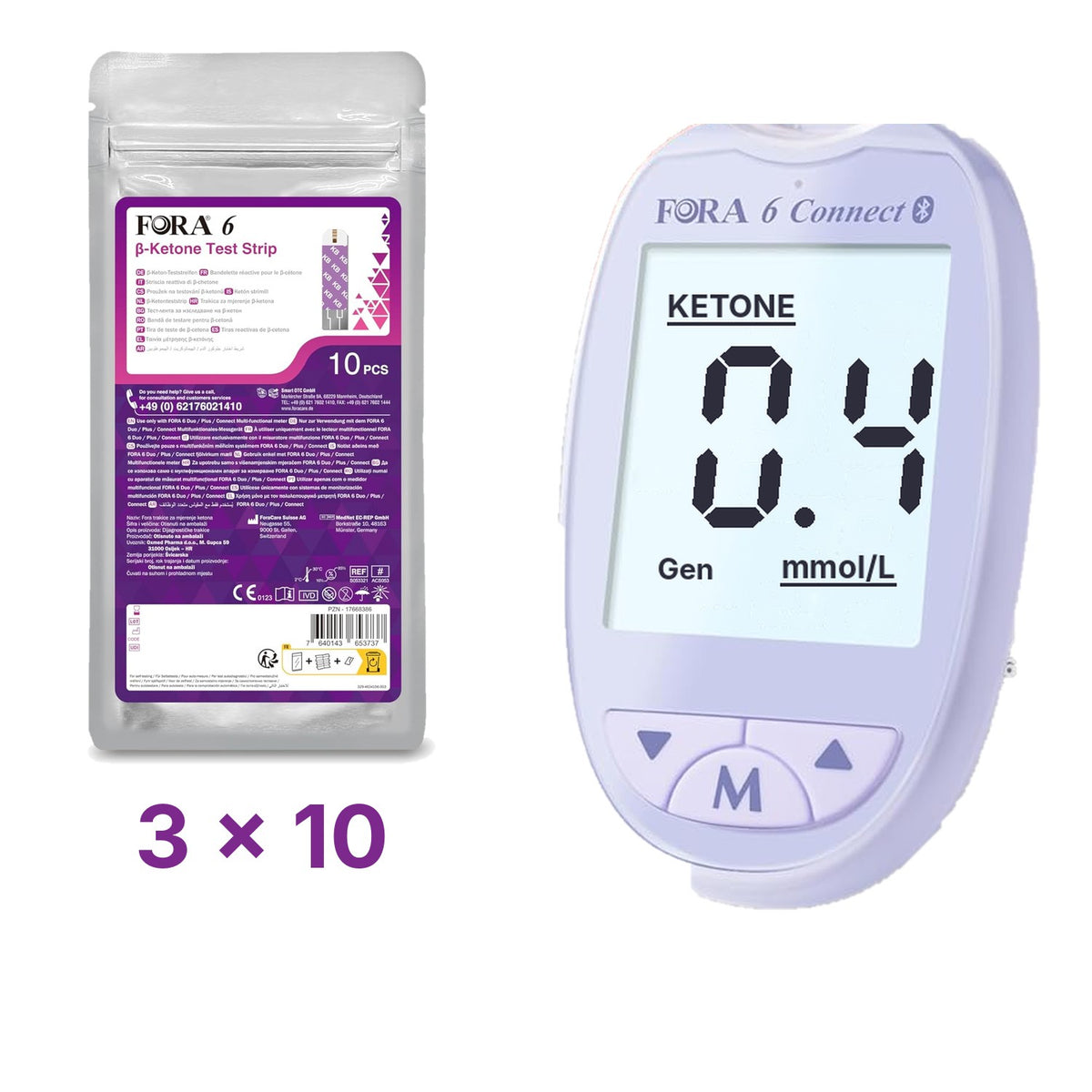 Lila-Set: FORA 6 Connect (mmol/l) mit 30 Keton-Teststreifen