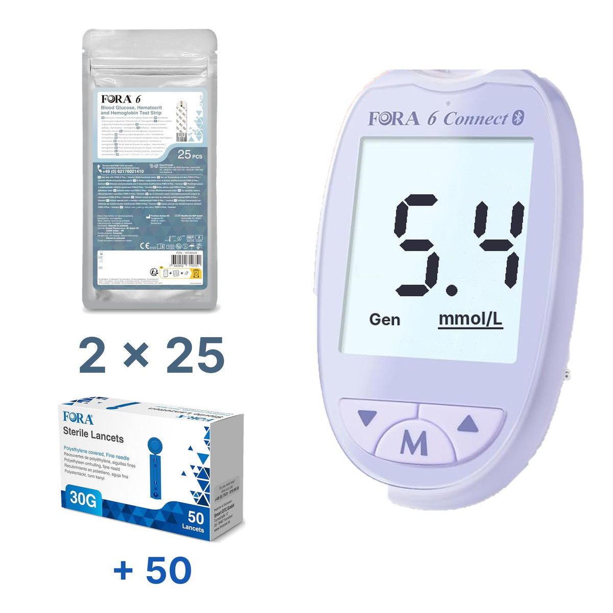 Lila-Set: FORA 6 Connect (mmol/l) mit 50 3-in-1-Teststreifen (Blutzucker, Hämatokrit, Hämoglobin) und 60 Lanzetten