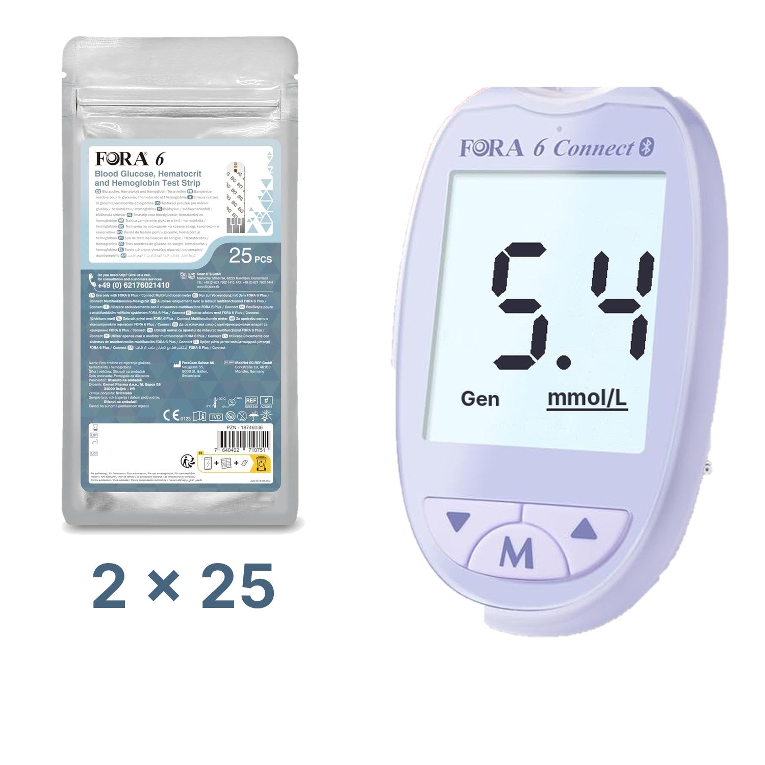 Lila-Set: FORA 6 Connect (mmol/l) mit 50 3-in-1-Teststreifen (Blutzucker, Hämatokrit, Hämoglobin)