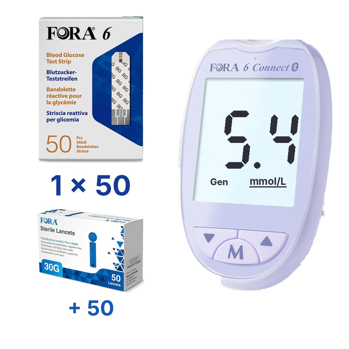 Lila-Set: FORA 6 Connect (mmol/l) mit 50 Blutzucker-Teststreifen und 60 Lanzetten