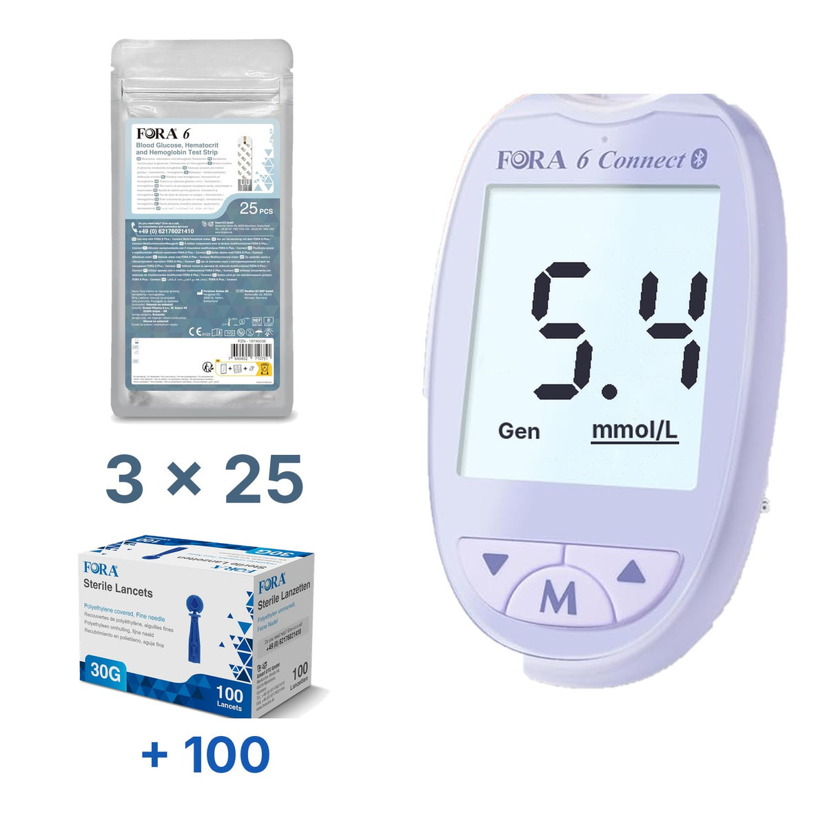 Lila-Set: FORA 6 Connect (mmol/l) mit 75 3-in-1-Teststreifen (Blutzucker, Hämatokrit, Hämoglobin) und 110 Lanzetten